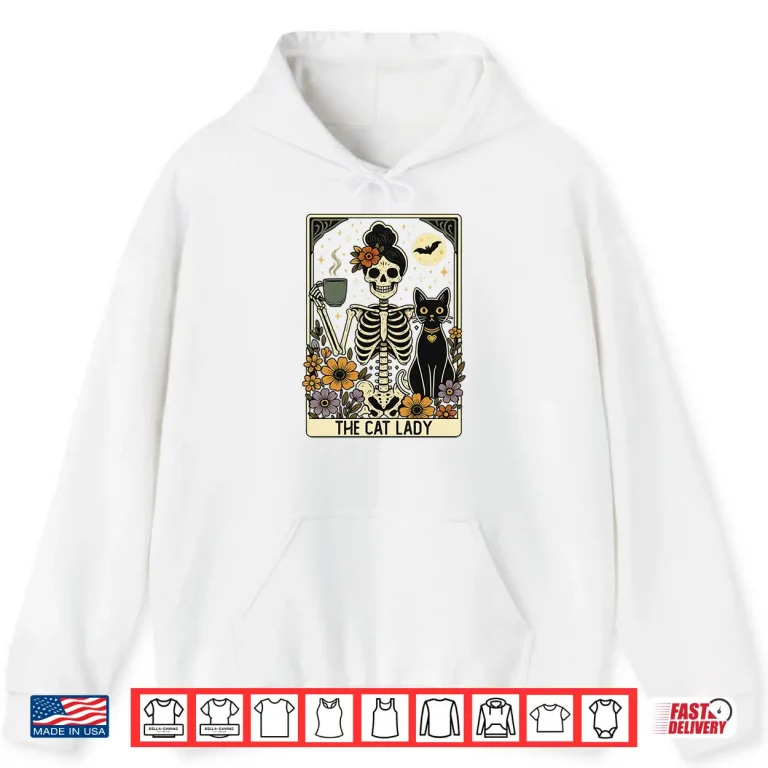 Hoodie Mystic Skeleton The Cat Lady With Coffee Tarot Card Vibes Shirt