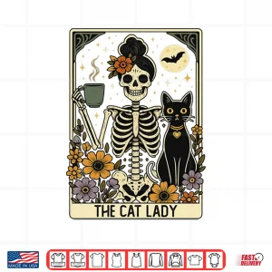 Design Mystic Skeleton The Cat Lady With Coffee Tarot Card Vibes Shirt
