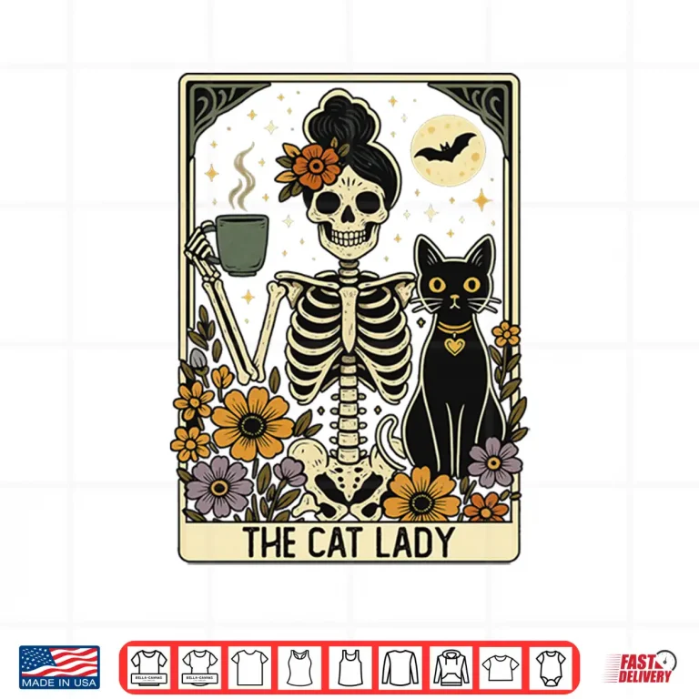 Design Mystic Skeleton The Cat Lady With Coffee Tarot Card Vibes Shirt