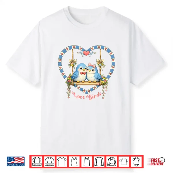 Vintage 80’S Style Love Birds On Swing In Heart Flowers Bows Shirt