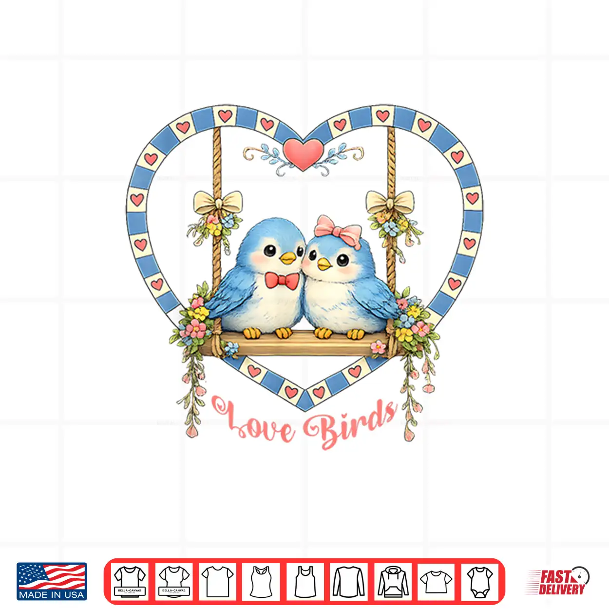 Vintage 80’S Style Love Birds On Swing In Heart Flowers Bows Shirt Vintage 80’S Style Love Birds On Swing In Heart Flowers Bows Shirt