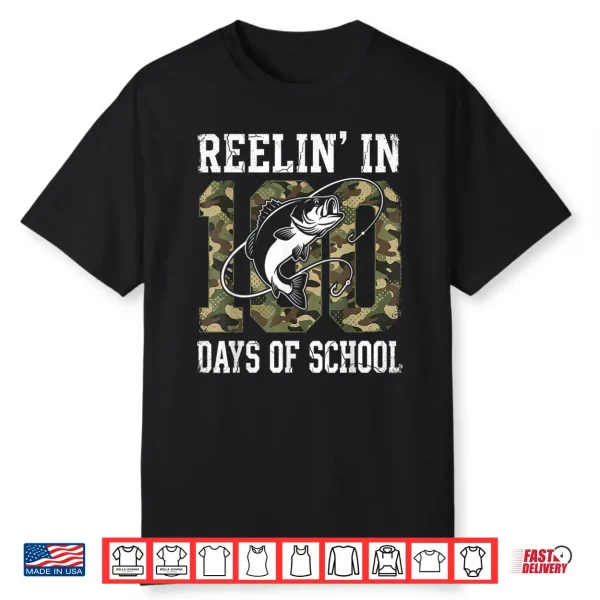 Reelin’ In 100 Days Of School Bass Camo Fishing Lover Boys Shirt