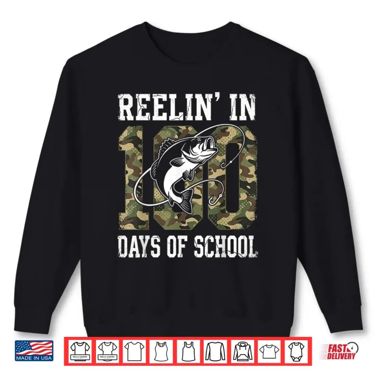 Sweatshirt Reelin In 100 Days Of School Bass Camo Fishing Lover Boys Shirt