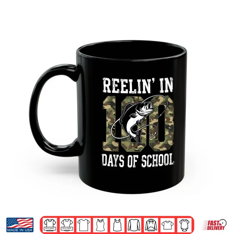 Mug Reelin In 100 Days Of School Bass Camo Fishing Lover Boys Shirt