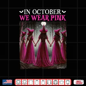 Design In October We Wear Pink Witch Halloween Breast Cancer Shirt