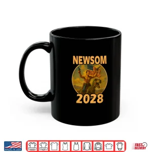 Mug Gavin Newsom 2028 Bold Patriotic Leader Riding Dinosaur Shirt