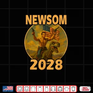 Design Gavin Newsom 2028 Bold Patriotic Leader Riding Dinosaur Shirt