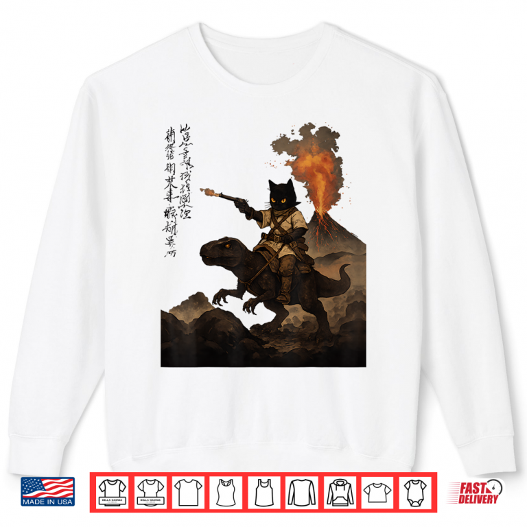 Sweatshirt Calligraphy Cat Dinosaur Volcanic Eruption Cat