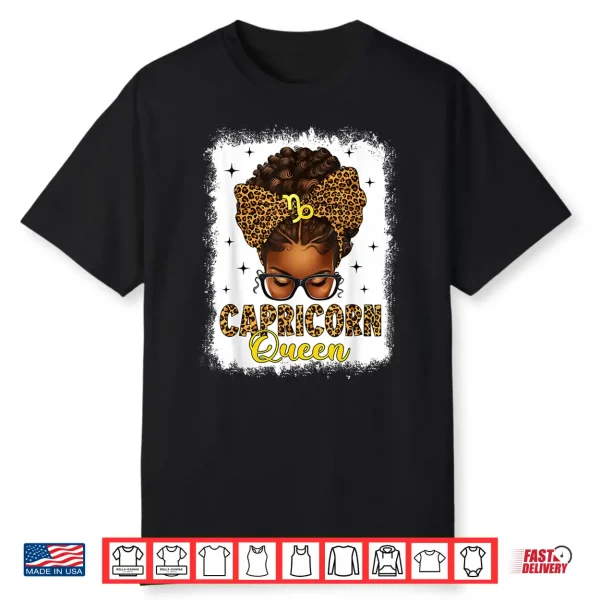 Capricorn Queen Messy Bun Leopard Bow Black Women Zodiac Shirt