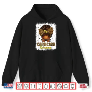 Hoodie Capricorn Queen Messy Bun Leopard Bow Black Women Zodiac Shirt