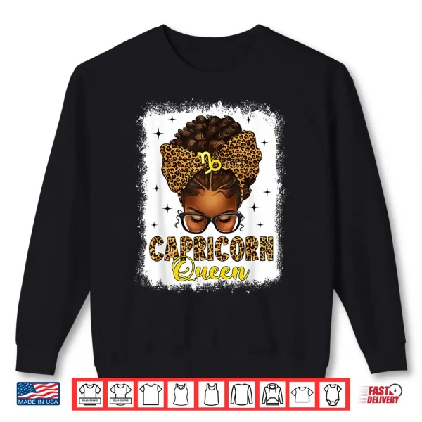 Capricorn Queen Messy Bun Leopard Bow Black Women Zodiac Shirt 2 Sweatshirt Capricorn Queen Messy Bun Leopard Bow Black Women Zodiac Shirt