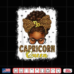 Design Capricorn Queen Messy Bun Leopard Bow Black Women Zodiac Shirt