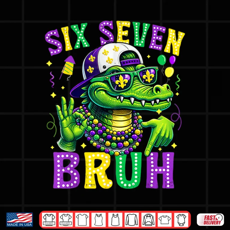 Design Mardi Gras Six Seven Bruh Mardigator Alligator 6 7 Boys Kids Shirt
