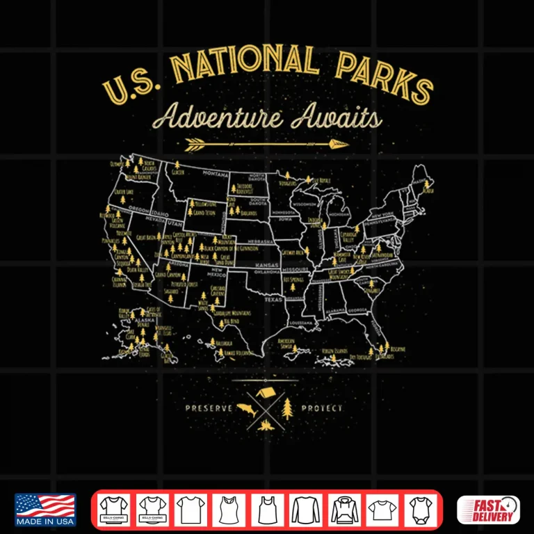 Design 63 National Parks Map Us Park Retro Vintage Camping Hiking Shirt