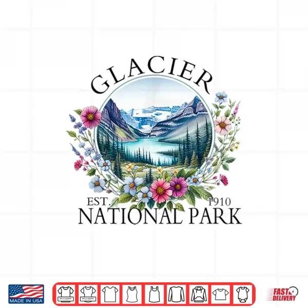 Design Retro Floral Glacier National Park Hiking Camping Outdoor Shirt