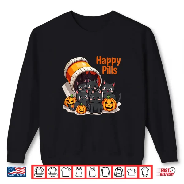 Sweatshirt Happy Pills Black Cats And Pumpkins Halloween Spooky Shirt