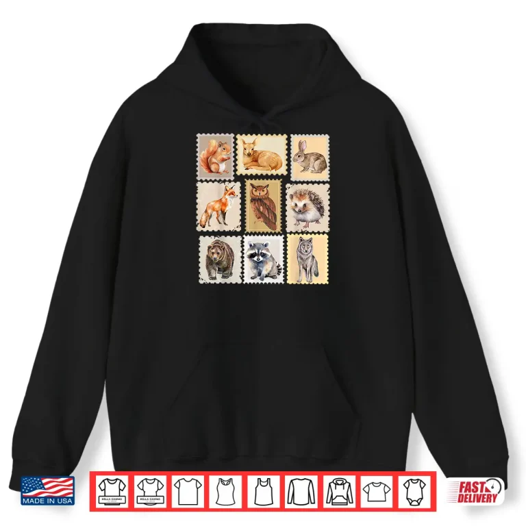 Hoodie Wildlife Postage Stamp Design of Woodland Creatures Animals Shirt