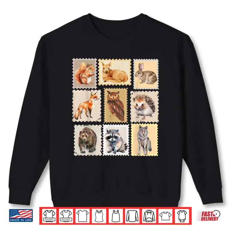 Sweatshirt Wildlife Postage Stamp Design of Woodland Creatures Animals Shirt