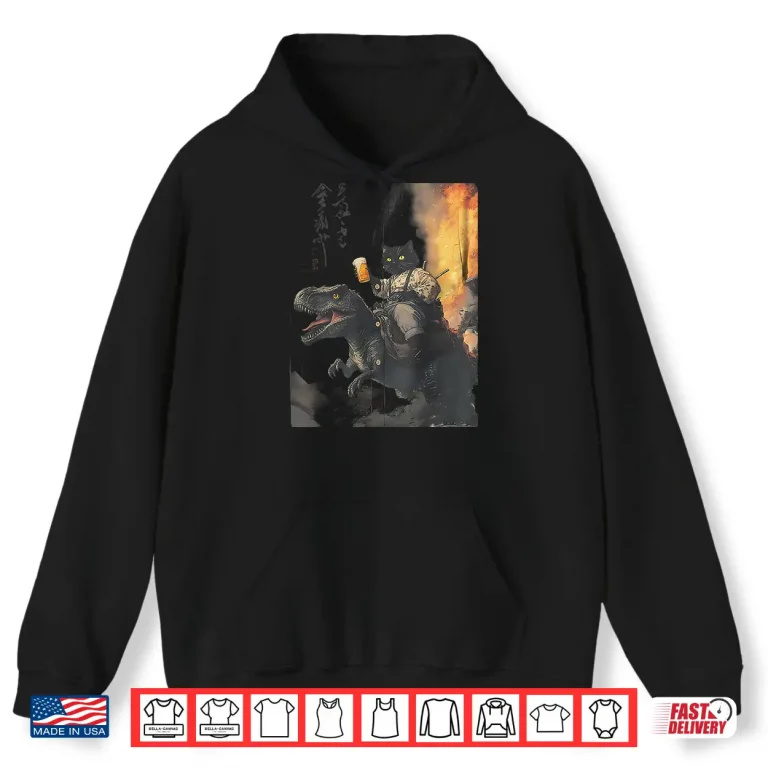 Hoodie Black Cat Samurai Dinosaur Sea Wave Shirt