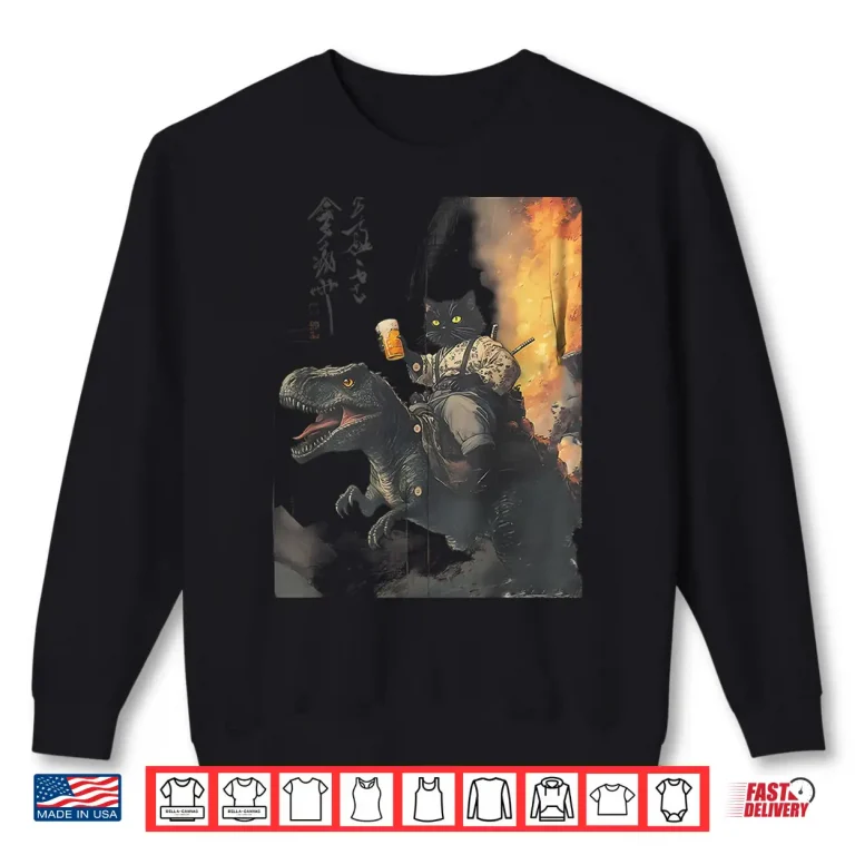 Sweatshirt Black Cat Samurai Dinosaur Sea Wave Shirt