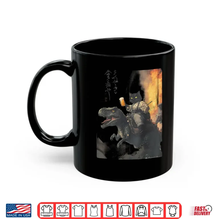 Mug Black Cat Samurai Dinosaur Sea Wave Shirt
