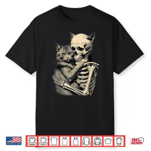 Skeleton Hugging Cat Lover Halloween Tee Funny Apparel Shirt