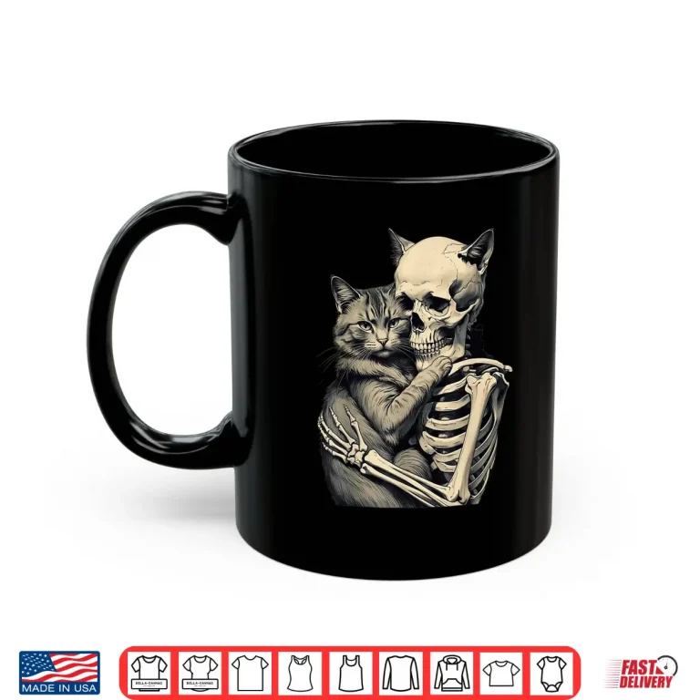 Mug Skeleton Hugging Cat Lover Halloween Tee Funny Apparel Shirt