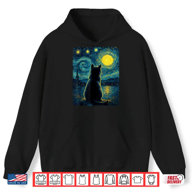 Hoodie Black Cats Lover Starry Night Vincent Van Gogh Shirt