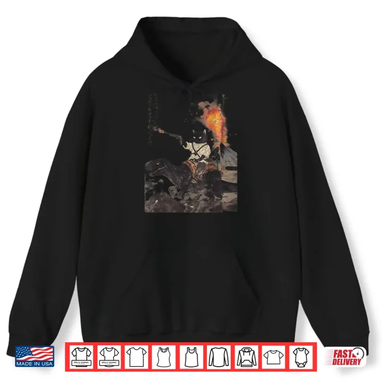 Hoodie Calligraphy Cat Dinosaur Volcanic Eruption Art Print Shirt