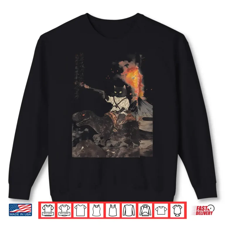 Sweatshirt Calligraphy Cat Dinosaur Volcanic Eruption Art Print Shirt