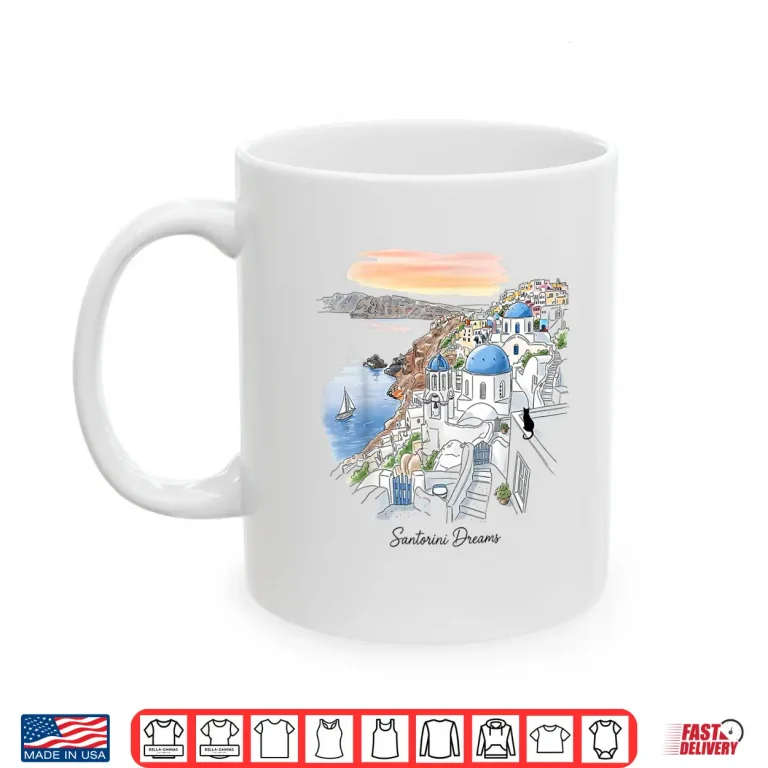 Mug Santorini Greece Sunset Dreamscape Illustration Shirt 1