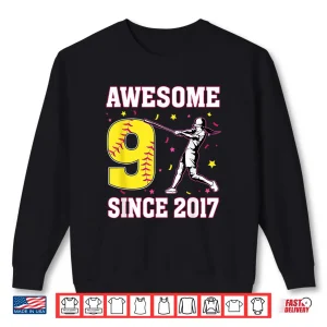 Sweatshirt 9Th Birthday Girl 9 Awesome Since 2017 Softball Theme Shirt 1