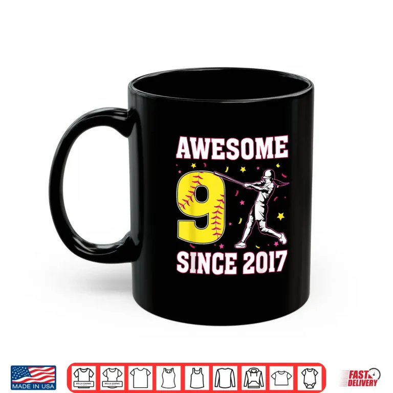 Mug 9Th Birthday Girl 9 Awesome Since 2017 Softball Theme Shirt 1