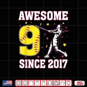 Design 9Th Birthday Girl 9 Awesome Since 2017 Softball Theme Shirt 1