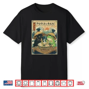 Black Cat Frog Eating Ramen Noodles Graphic Shirt