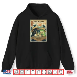 Hoodie Black Cat Frog Eating Ramen Noodles Graphic Shirt 1