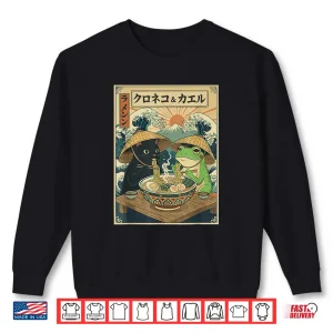 Sweatshirt Black Cat Frog Eating Ramen Noodles Graphic Shirt 1