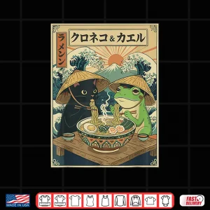 Design Black Cat Frog Eating Ramen Noodles Graphic Shirt 1