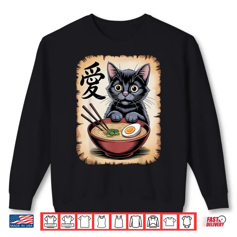 Sweatshirt Japanese Kawaii Anime Cat Funny Cat Eating Ramen Shirt