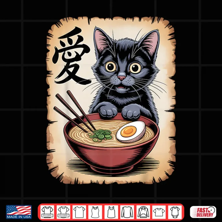 Design Japanese Kawaii Anime Cat Funny Cat Eating Ramen Shirt