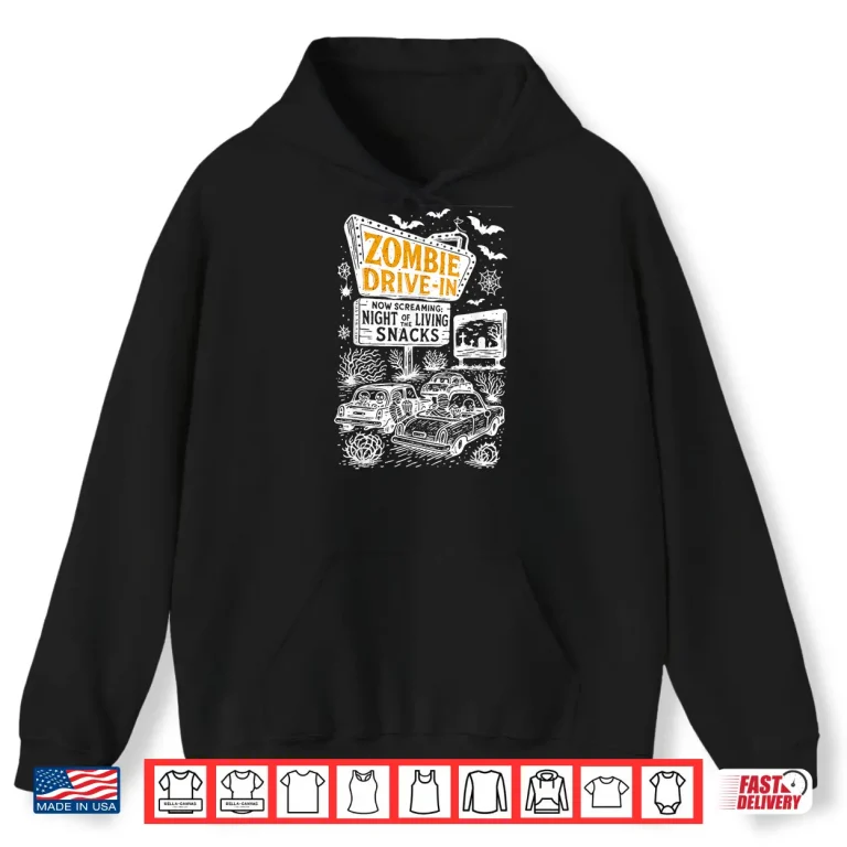 Hoodie Retro Zombie Drive In Skeleton Movie Night Hotel Halloween Shirt