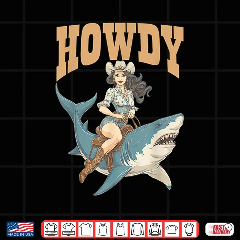 Design Cowgirl Riding Shark Rodeo Art Funny Western Summer Howdy Shirt