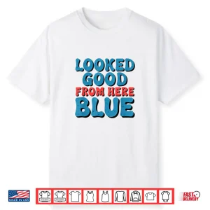 Retro Groovy Looked Good From Here Blue Funny Softball Shirt