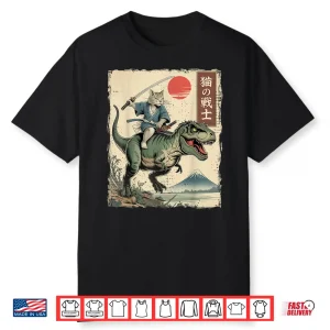 Funny Cat Riding T Rex Japanese Ukiyo E Art Samurai Cat Shirt