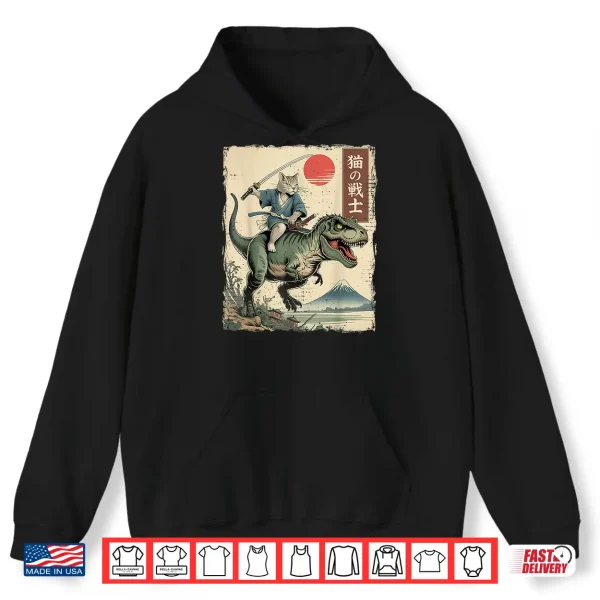 Hoodie Funny Cat Riding T Rex Japanese Ukiyo E Art Samurai Cat Shirt