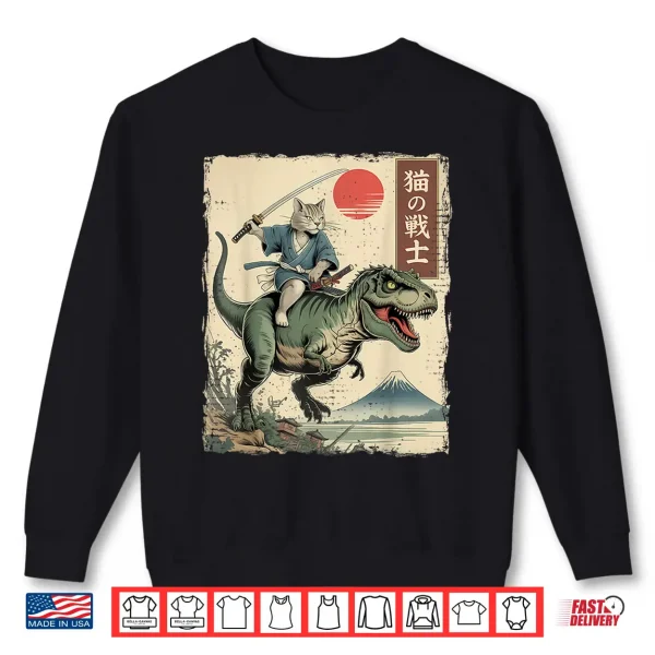 Sweatshirt Funny Cat Riding T Rex Japanese Ukiyo E Art Samurai Cat Shirt