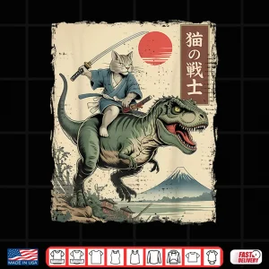 Design Funny Cat Riding T Rex Japanese Ukiyo E Art Samurai Cat Shirt