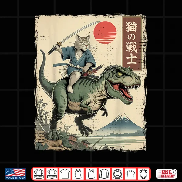 Design Funny Cat Riding T Rex Japanese Ukiyo E Art Samurai Cat Shirt