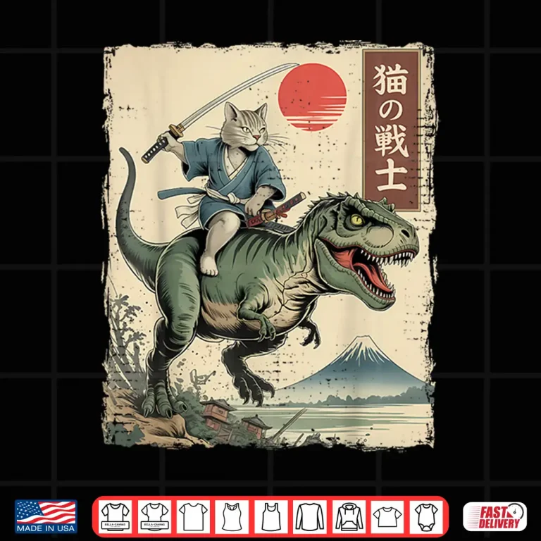 Design Funny Cat Riding T Rex Japanese Ukiyo E Art Samurai Cat Shirt