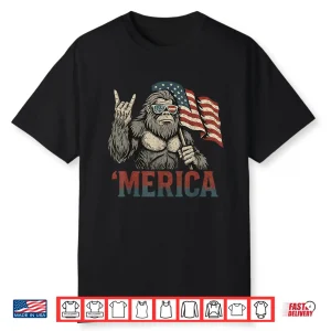 Bigfoot Merica Rock American Flag Patriotic Usa 4Th Of July Shirt